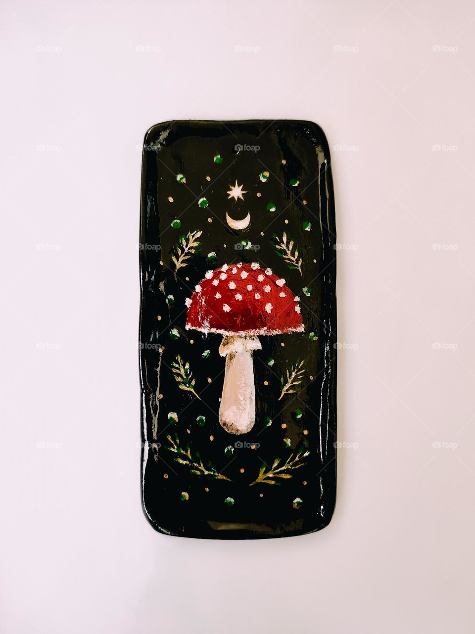 Black rectangular ceramic aroma sticks stand with mystical painting amanita muscaria mushroom, witchcraft, symbol, art