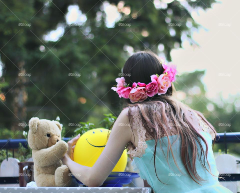 girl summer teddy flowers