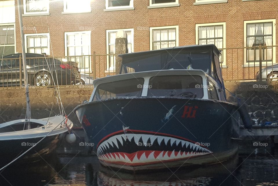 Recreational pleasure boat. Drawn / painted with a mouth full of sharp shark teeth.