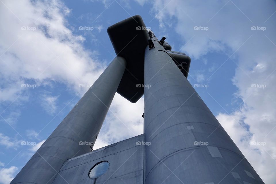 The famous Zizkov Television Tower, unique transmitter tower built in Prague between 1985 and 1992. The tower is an example of high-tech architecture.