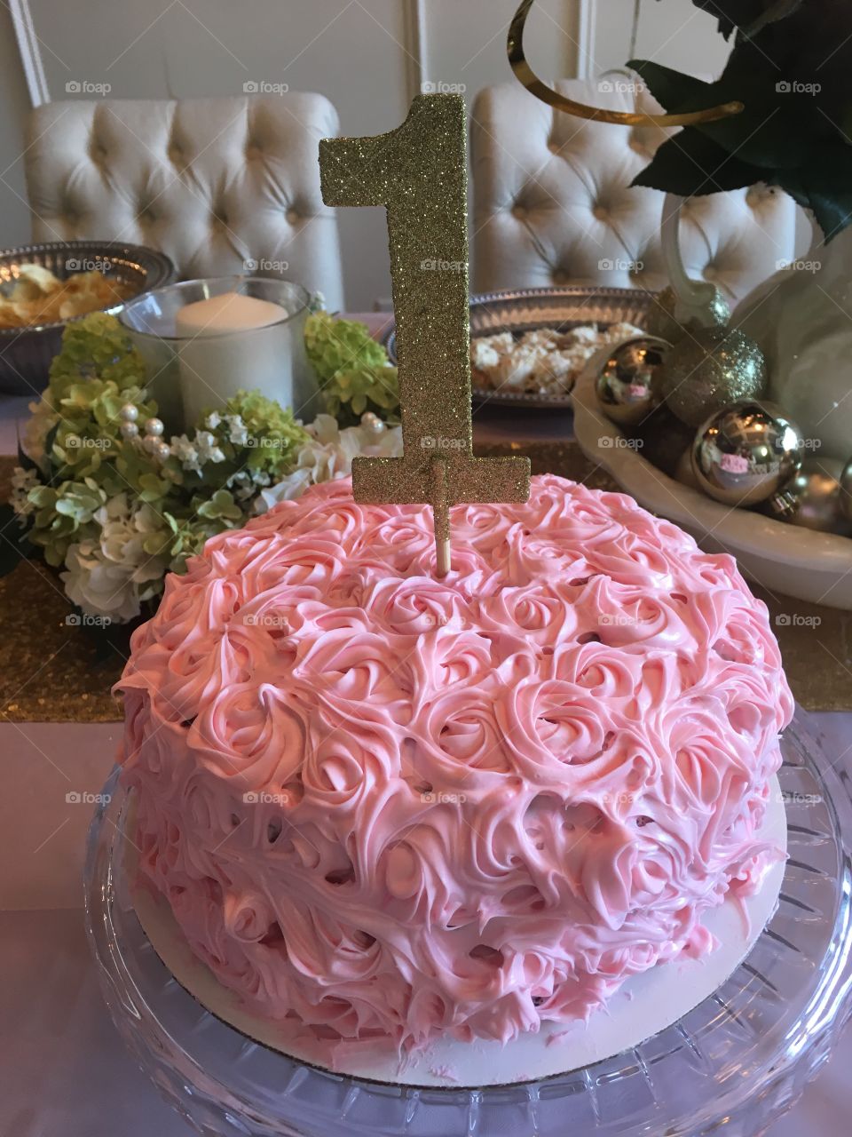 Homemade pink  buttercream rosette first birthday cake