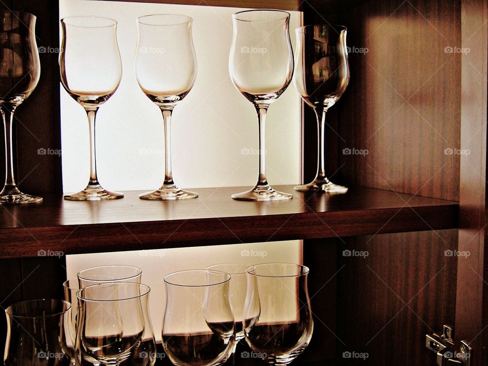 Wine glasses on the shelf