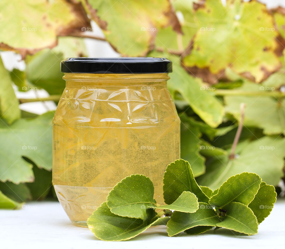 A jar of homemade lime marmalade amongst green foliage.