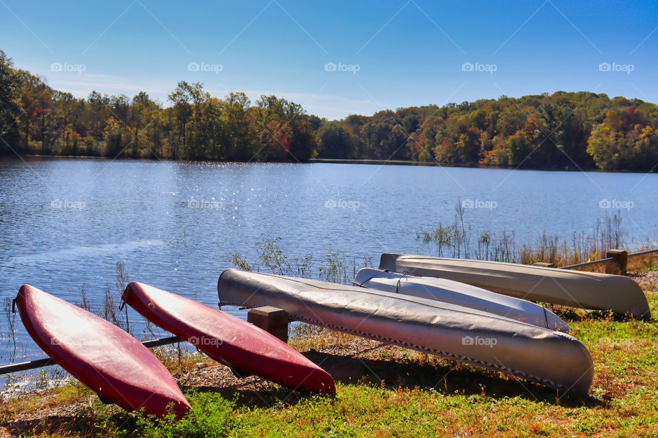 Canoes near lake. 