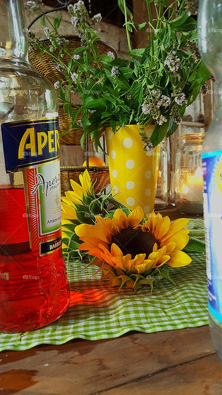 a lot of yellow. incrediences for drinks and decoration at party