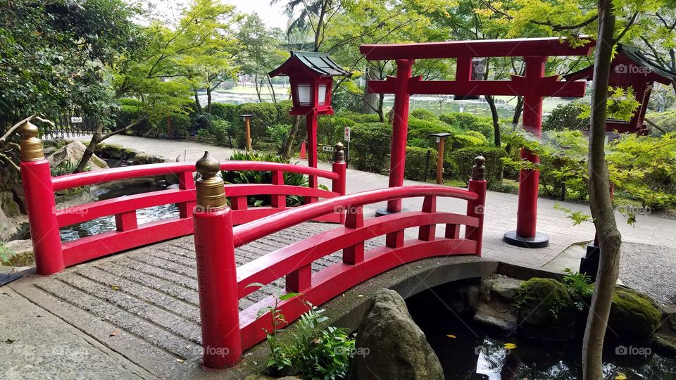 Japanese garden with red bridge and torii gates