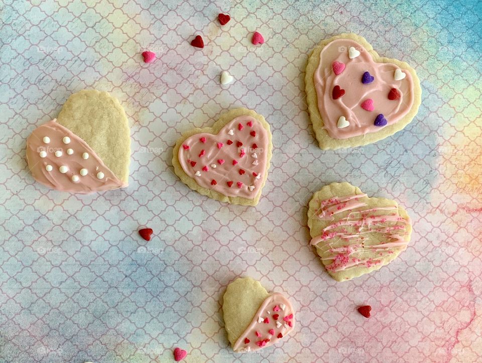Frosted Heart Shaped Cookies with sprinkles 