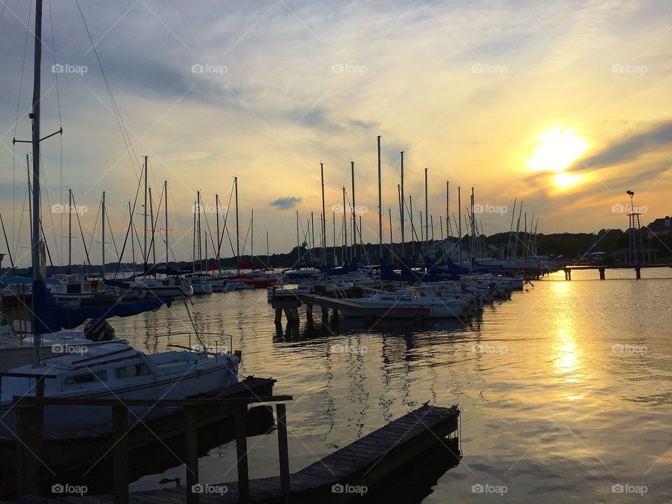 Yacht club boats at sunset 
