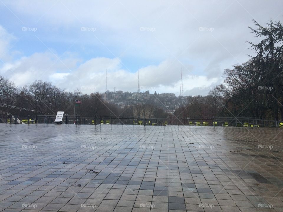 An empty plaza on a rainy day