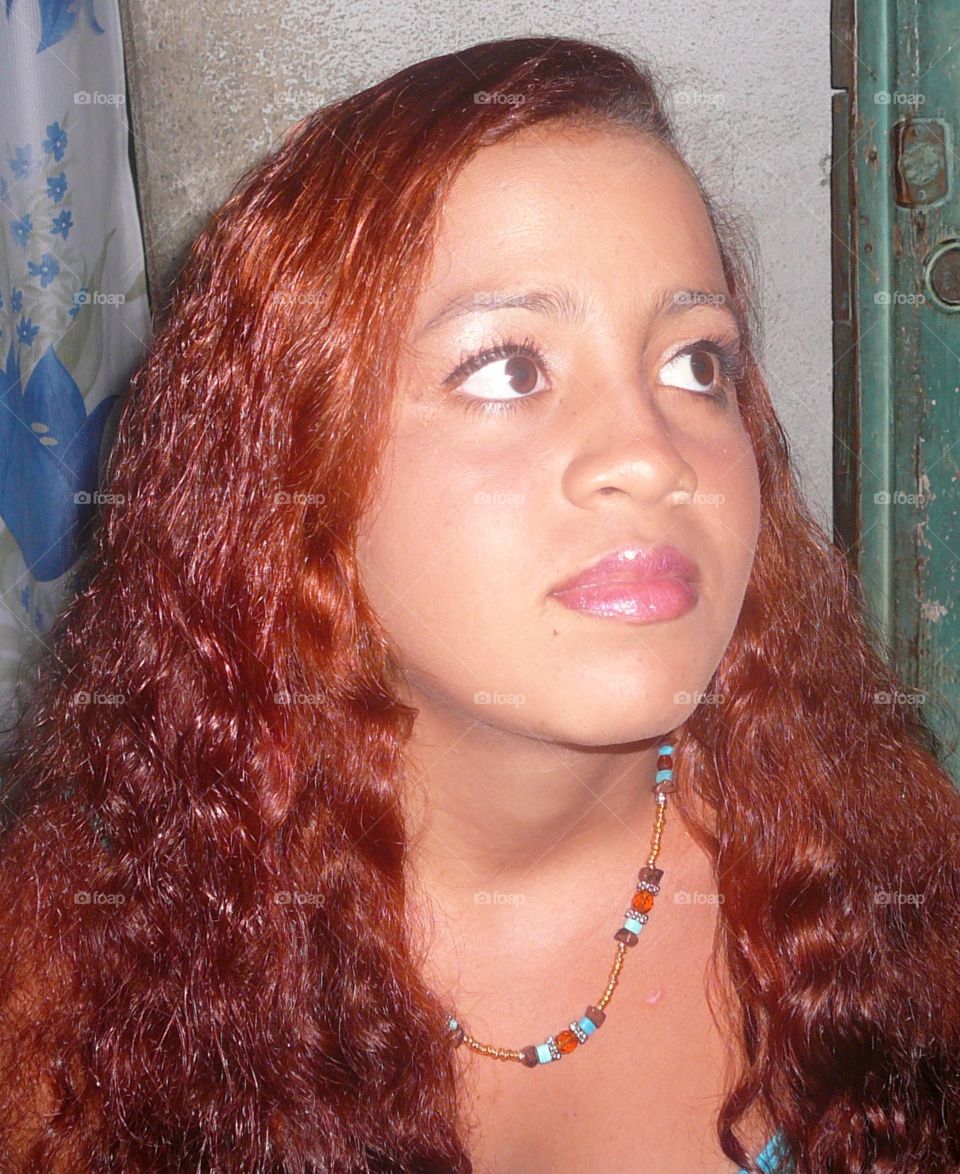 Close-up of woman with long dyed hair