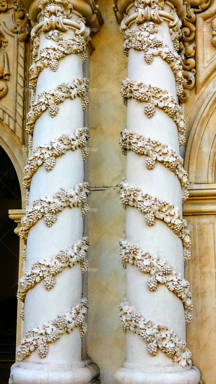 Macro of one pair of the ornately decorated columns which flank the main entrance arch of the Casa del Prado, Balboa Park, San Diego, CA