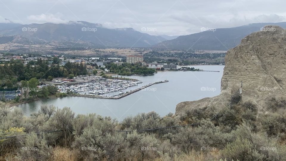 Aerial view of Skaha Lake from Skaha Bluffs in the Okanagan city of Penticton, British Columbia, Canada 
