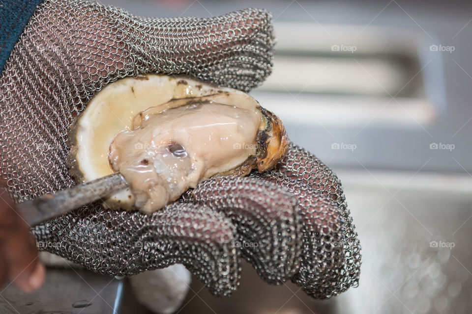 Man holding fresh Oyster with knife 