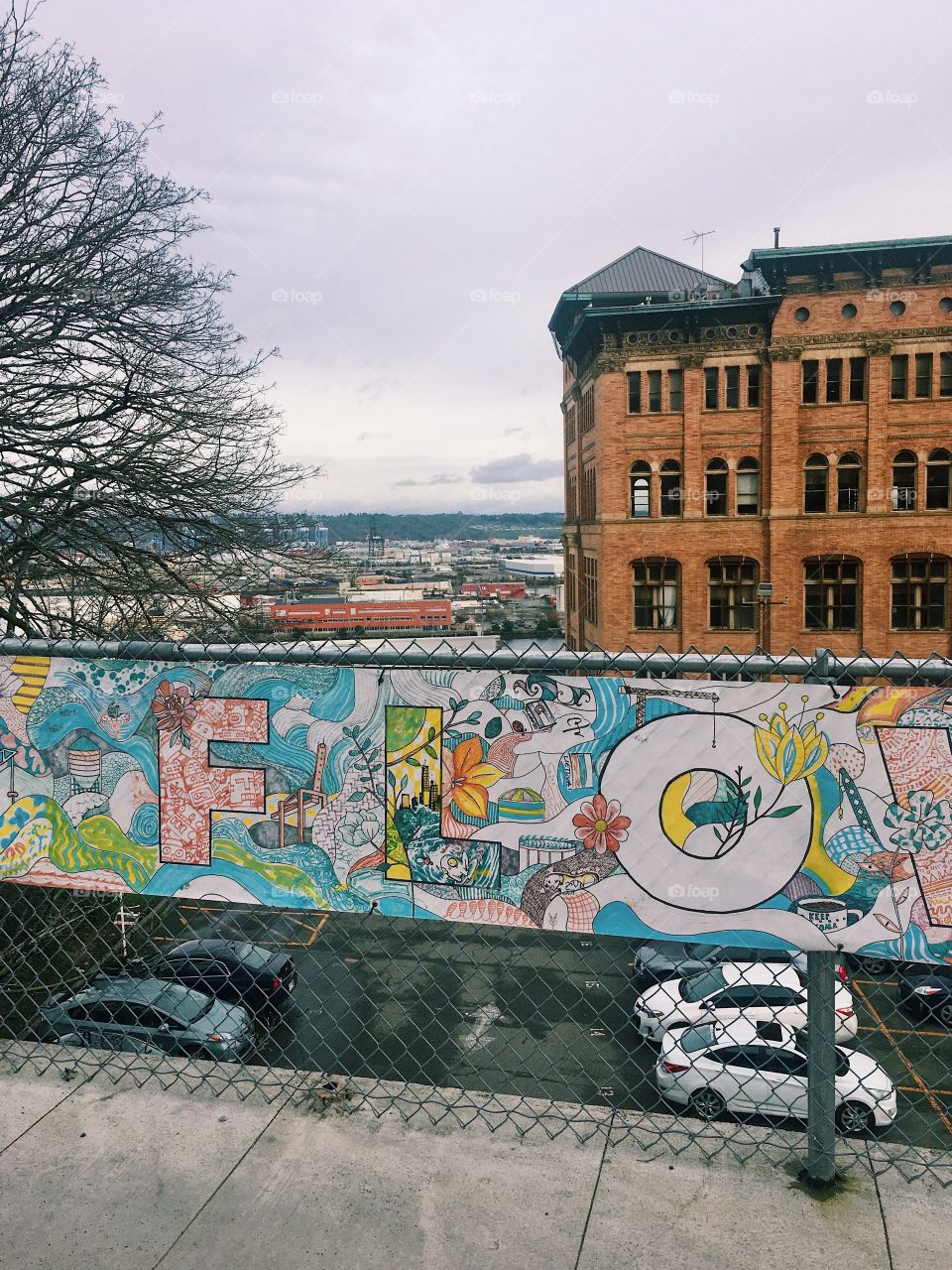 Flower city art with cloudy view of tacoma 