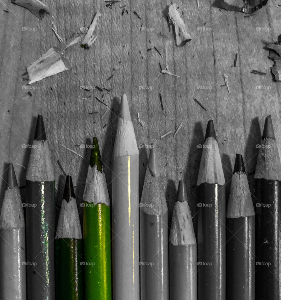 Row of pencil crayons in black and white with one green pencil crayon