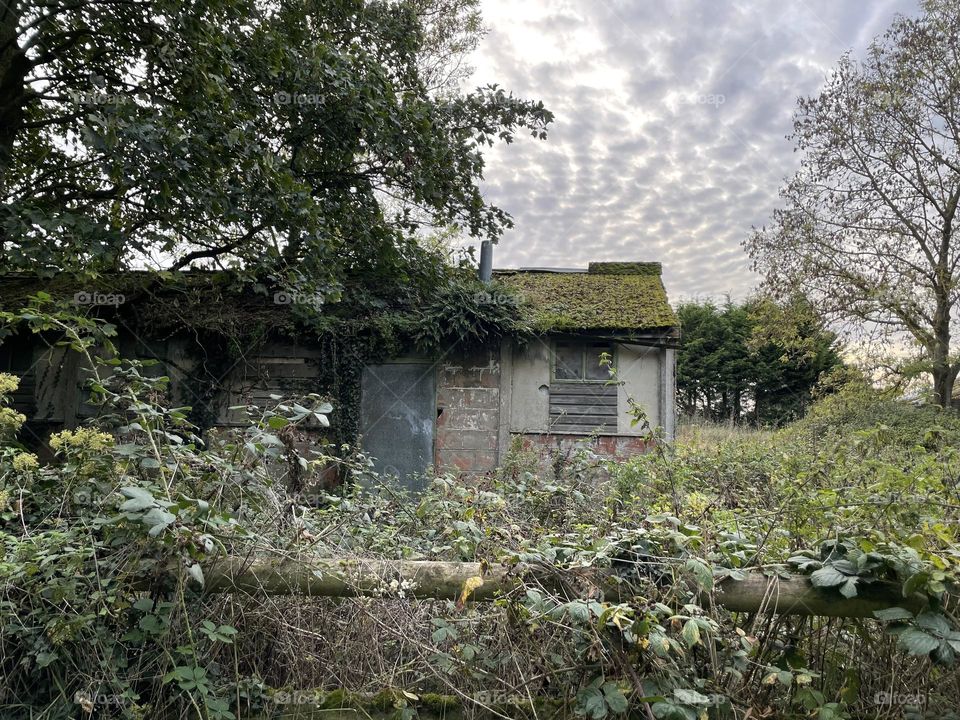 A neglected shed with unusual clouds above 