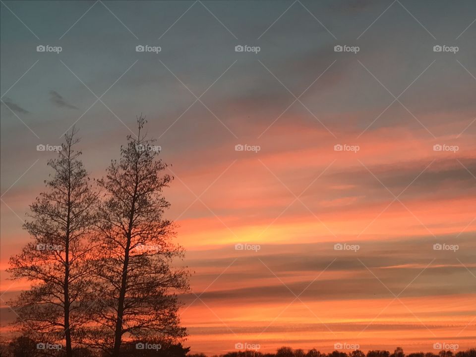 A beautiful sunset with different colours throughout the sky and a silhouette view at the bottom of the picture making this a fabulous view at the beginning of spring 