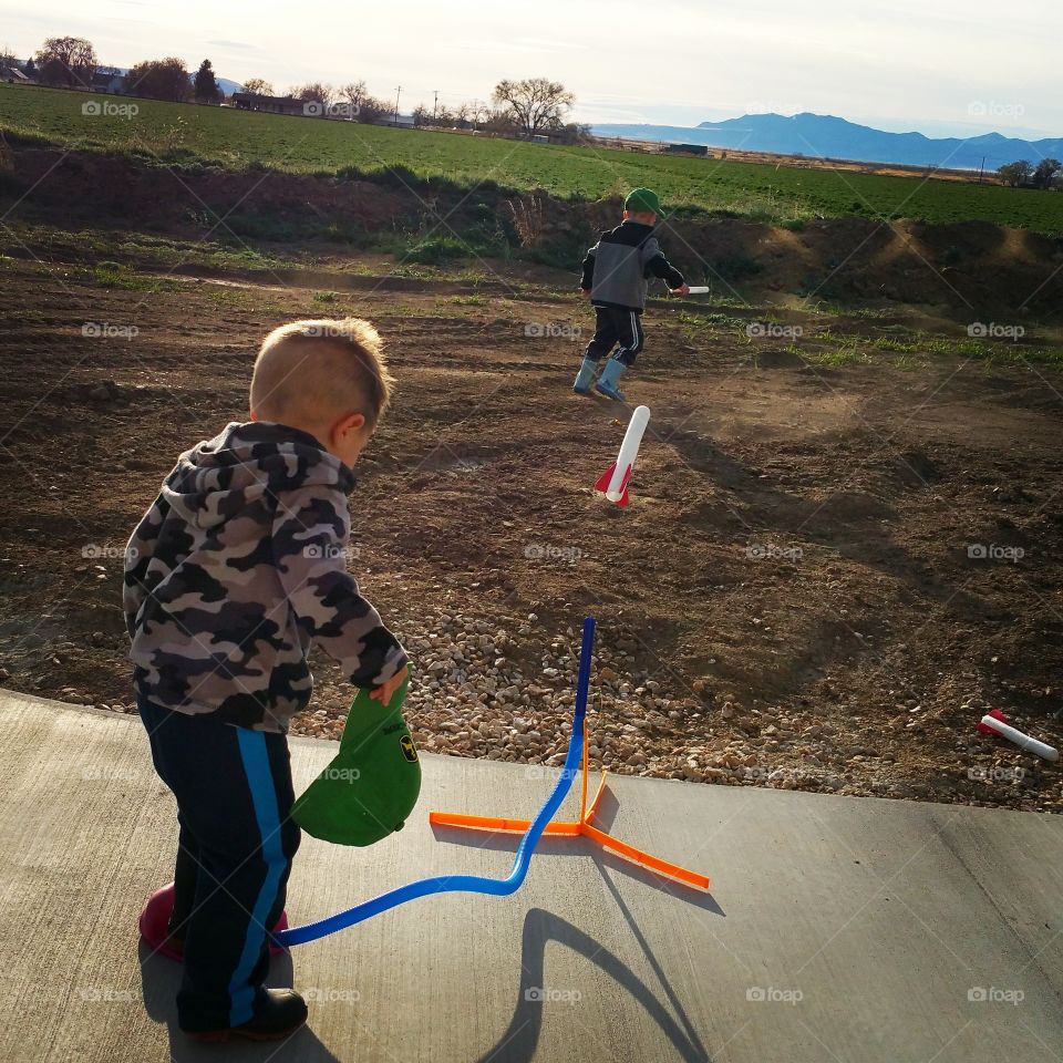 Blast Off. Playing with a favorite 'stomp rocket'