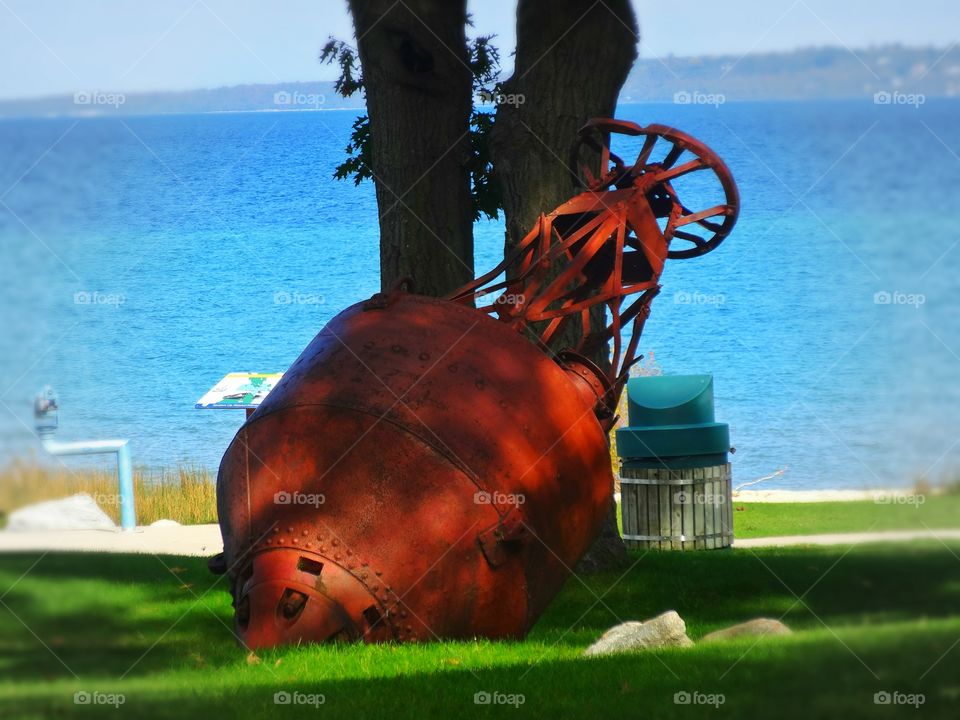 Big Red object by the Mackinaw Bridge