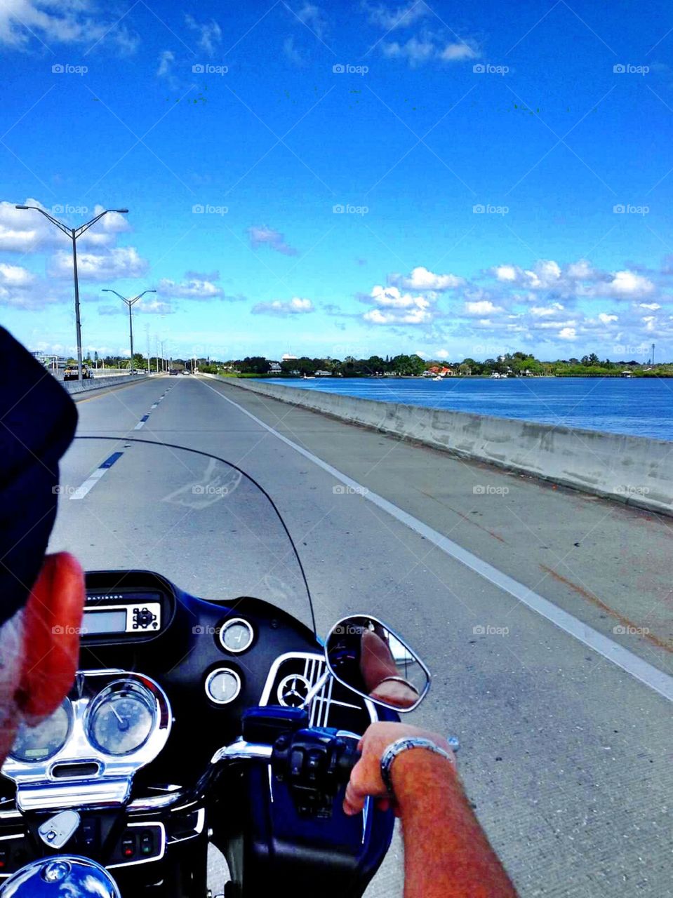 Harley Davidson drive over bridge 