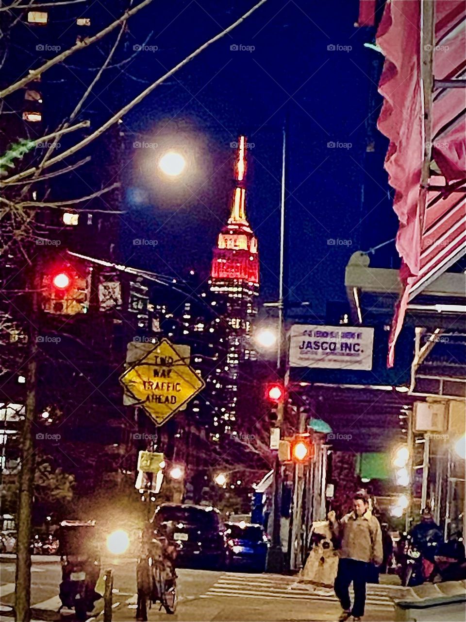 The “Empire State Building” can clearly be seen in the distance on this LIC, Queens nighttime picture taken near “Vernon Jackson Ave” around Christmas time in December 2022 with TRAFFIC AHEAD or not. Hypnotic Productions