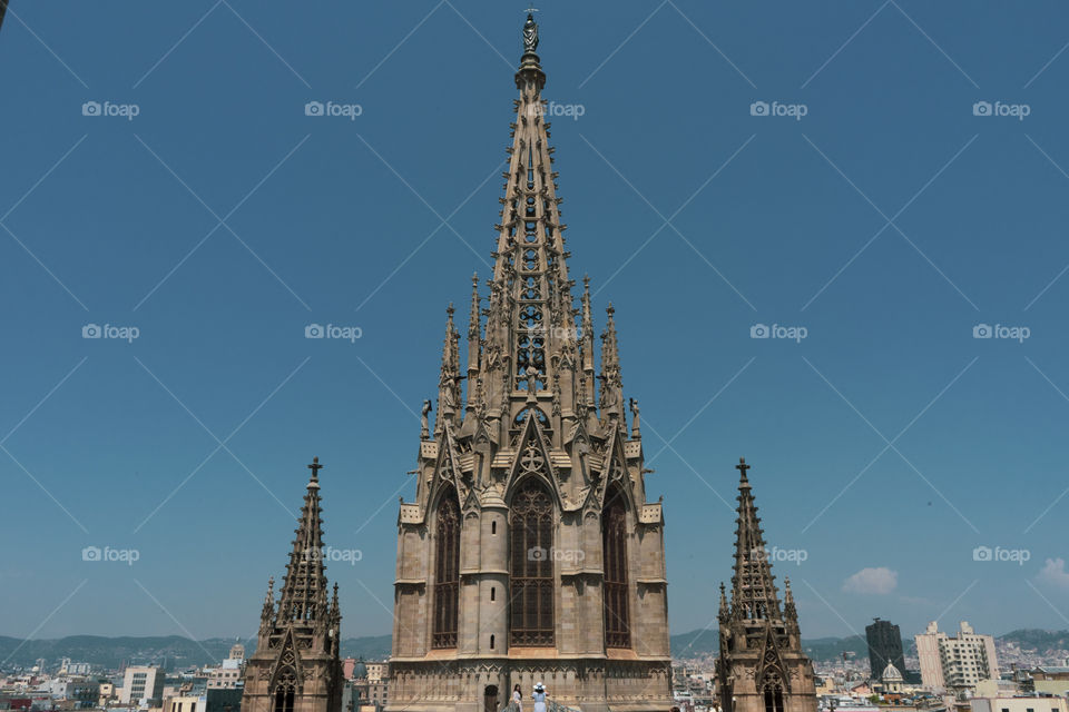 The tip of the Barcelona Cathedral overlooking the entire city.