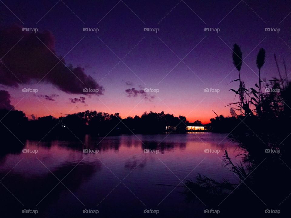 Purple sunset fine atmosphere solid, even across the Horizon even Pink Highlights. Still have Reflections of clouds and lakebed trees and shrubs. 
