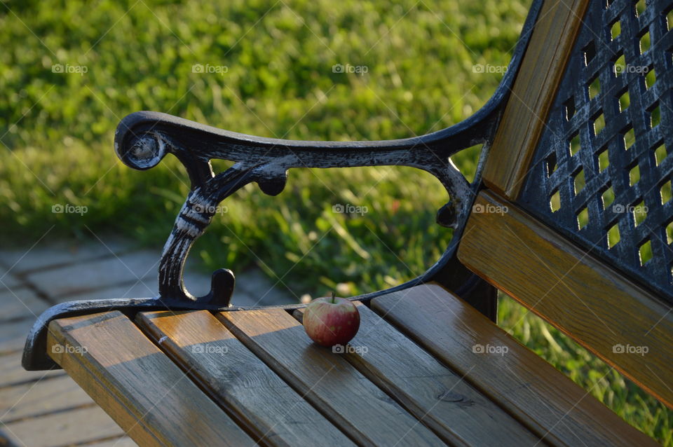 an apple on a bench