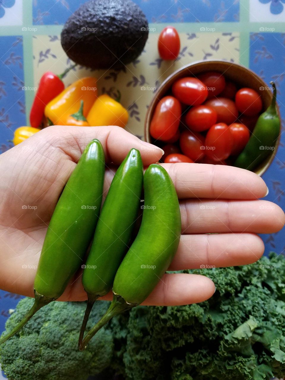 Person's hand holding chillies