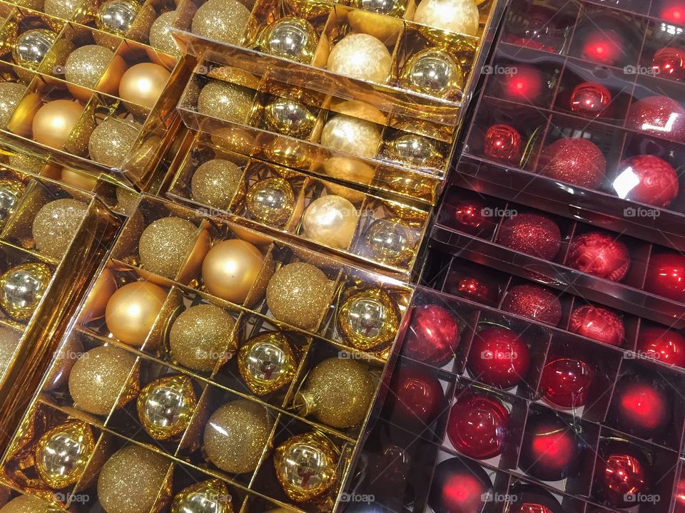 Christmas tree decorations and ornaments in a local store.