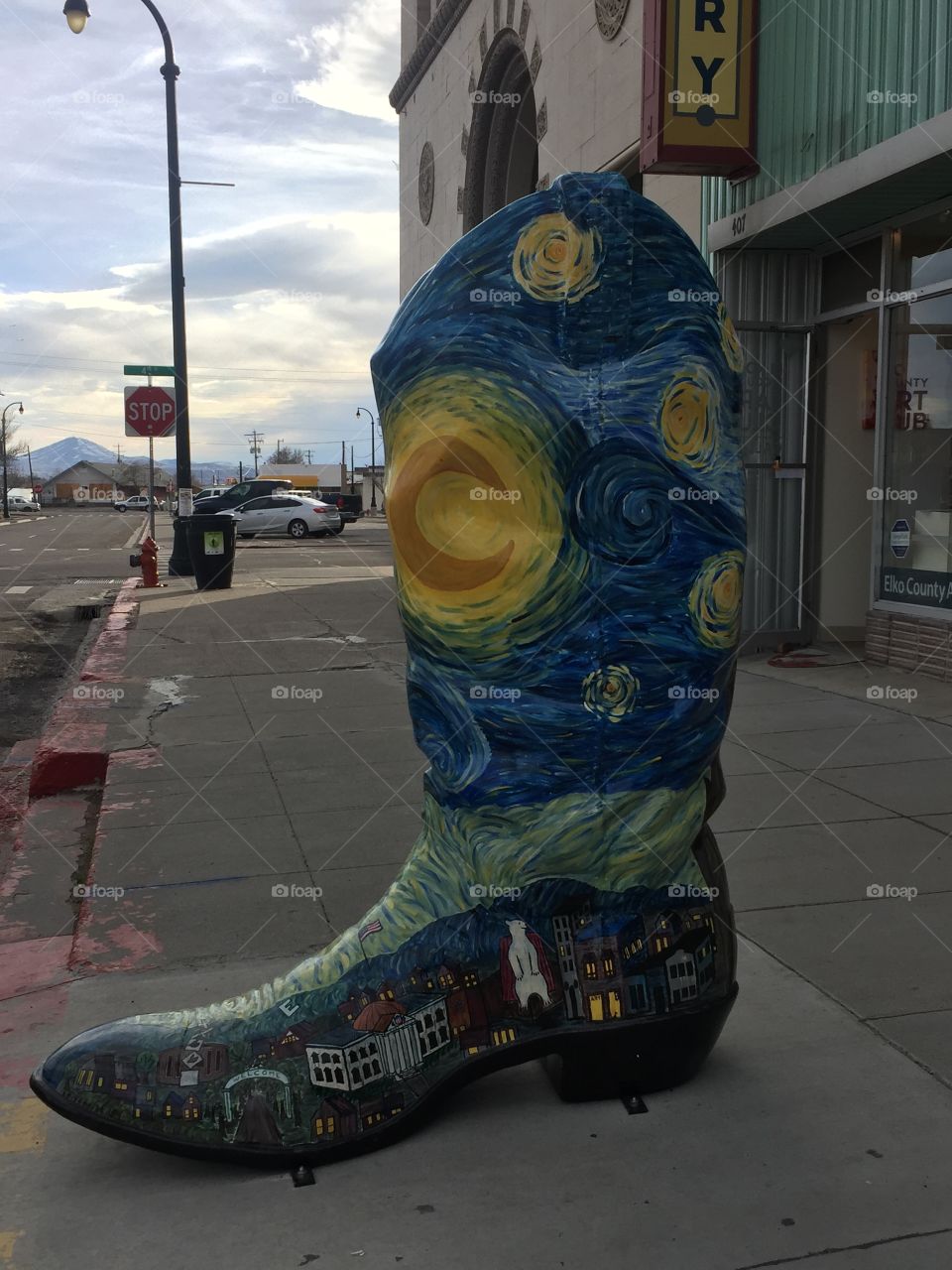 Elko, Nevada. Giant hand painted cowboy boots all around town. Unique design. Part of cowboy culture.