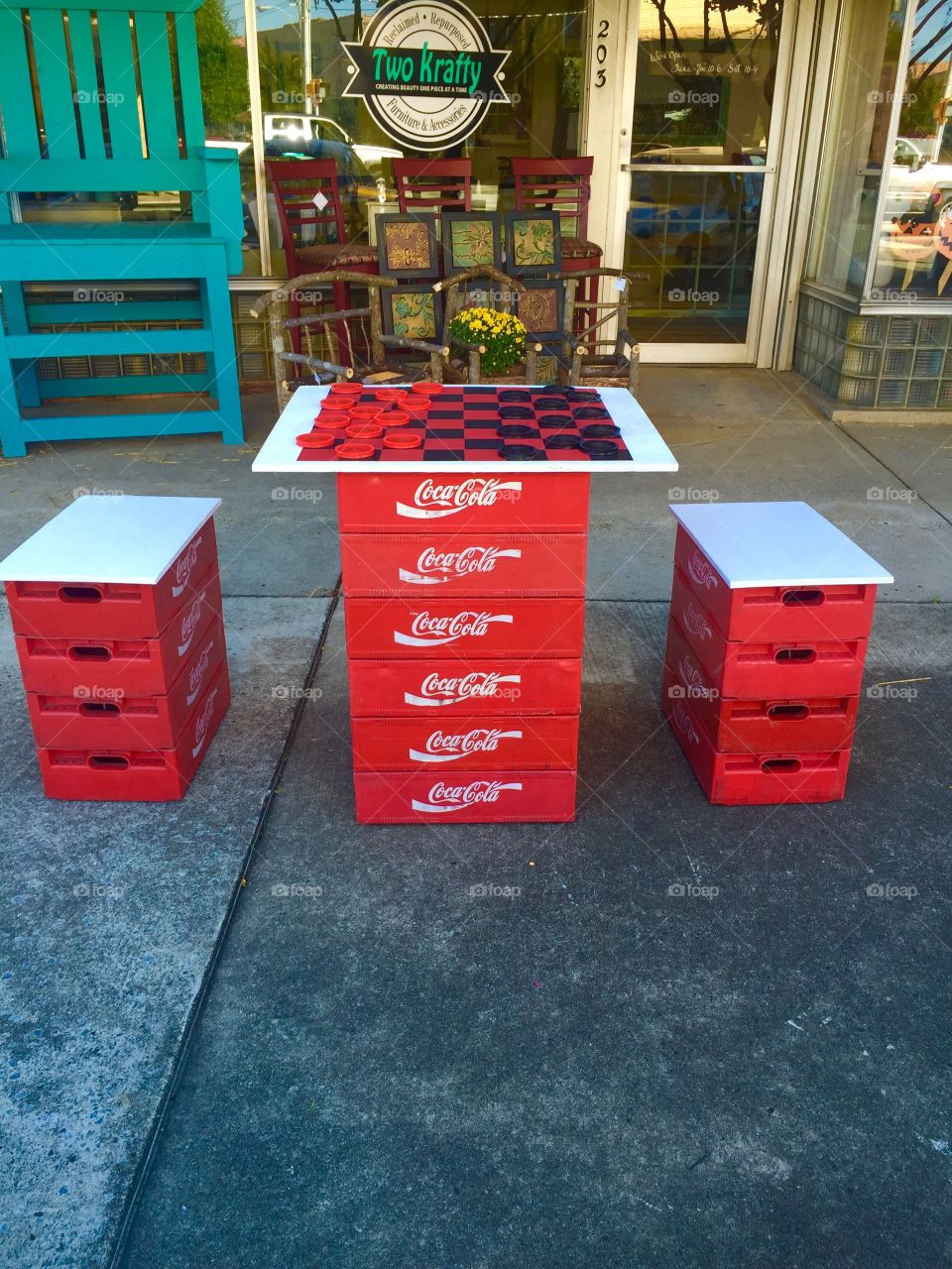 Sidewalk store front Coca Cola game checkers 