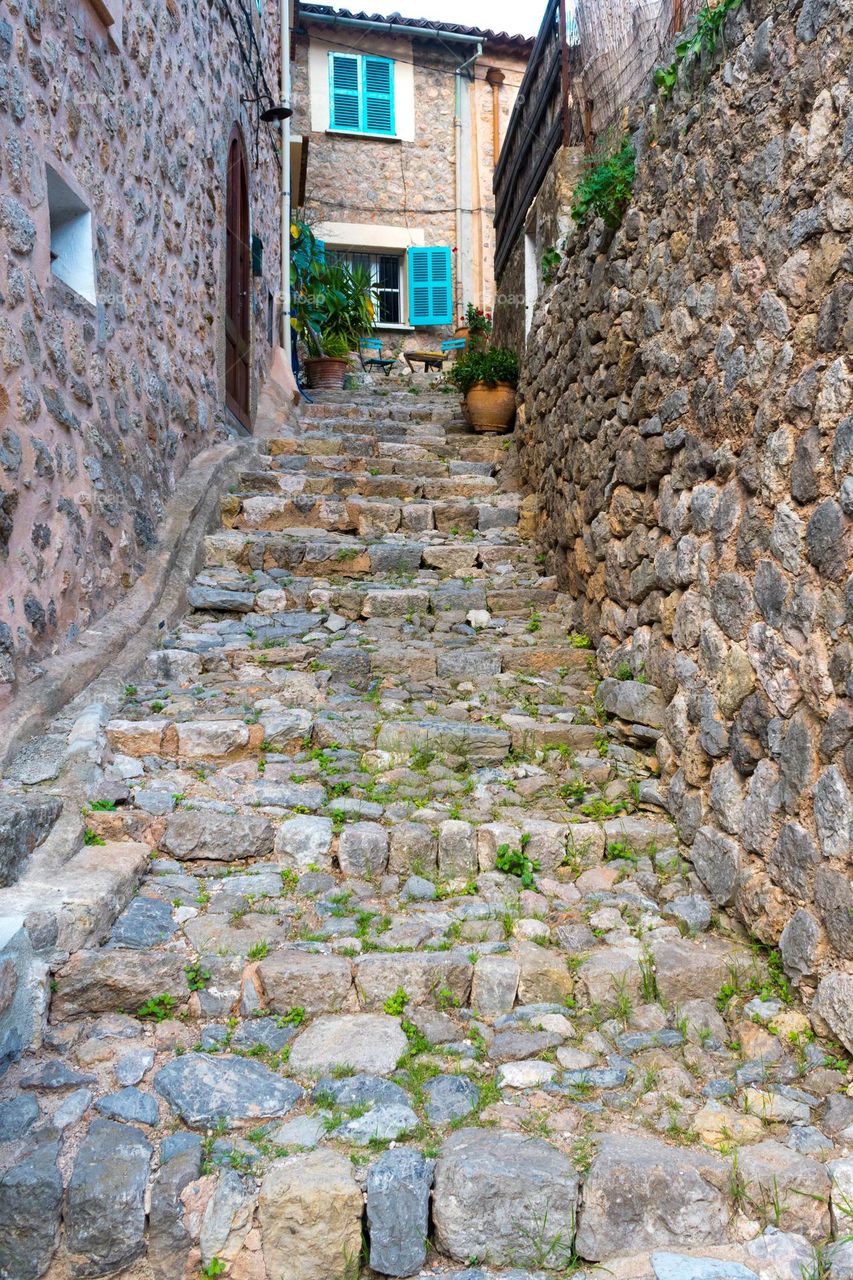Traditional stone stairway at the village of Biniaraix. Mallorca (Spain)