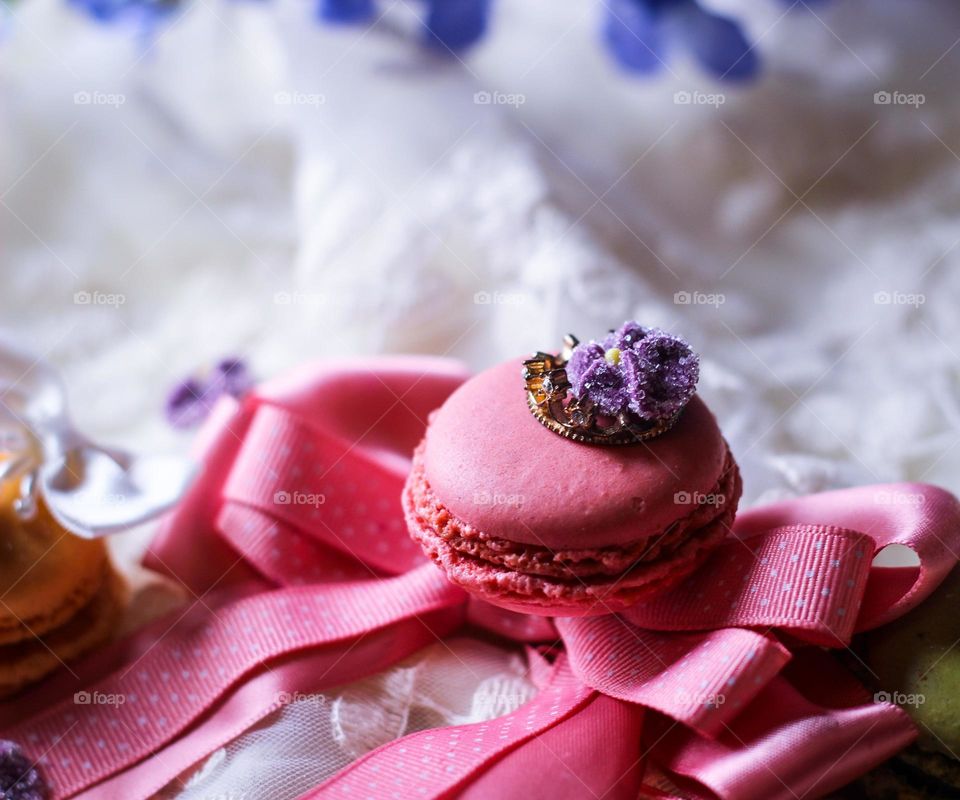 macaron flowers pink ribbon kawaii