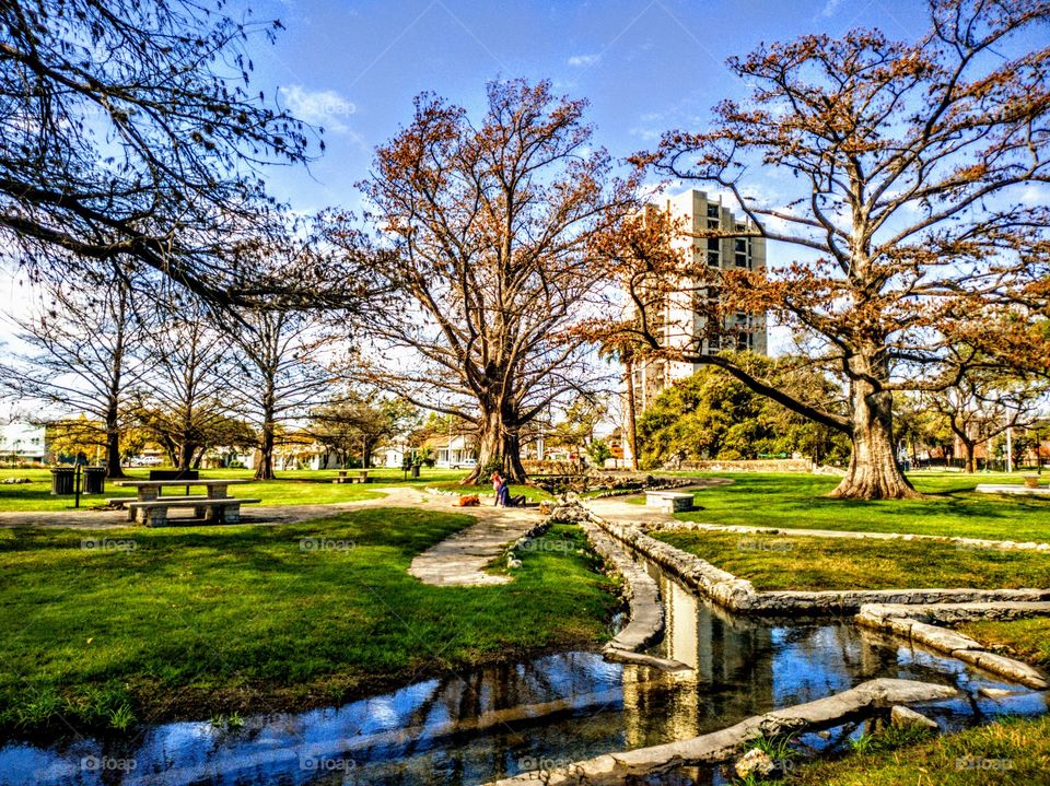 Urban city park with mature trees, a water canal, picnic tables,  a man with his dog and child, on a beautiful sunny day with a blue sky.