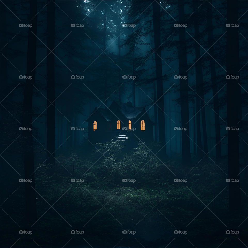 a house in the middle of a forest at night, mysterious solitary house in the woods