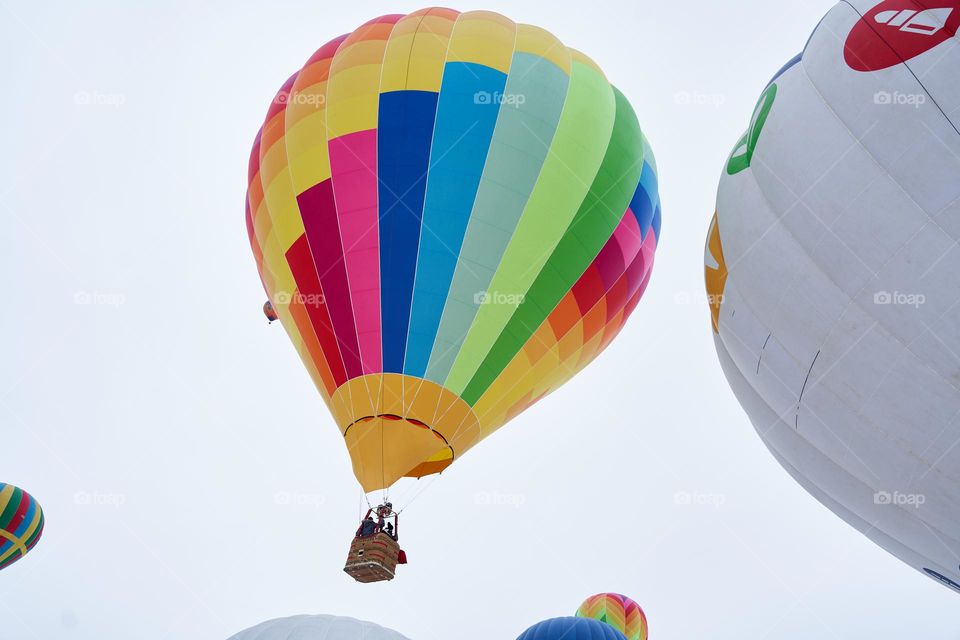A vivid multicoloured hot air balloon