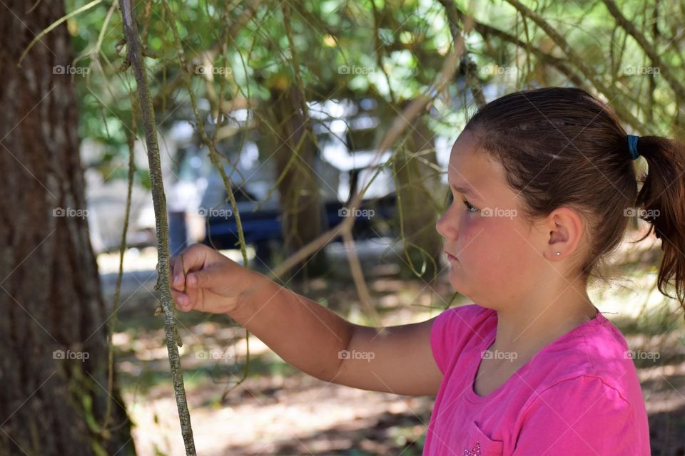 Child examining tree