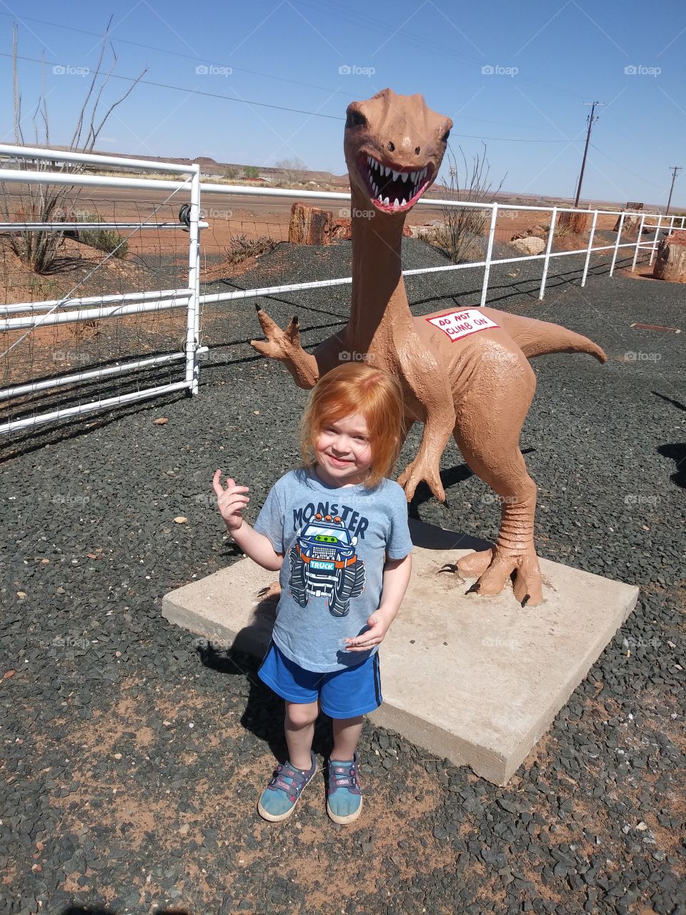 An excited little boy checking out the dinosaurs on a warm day