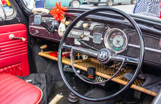 Cockpit or vehicle interior of an oldtimer VW Beetle in Thailand Southeast Asia