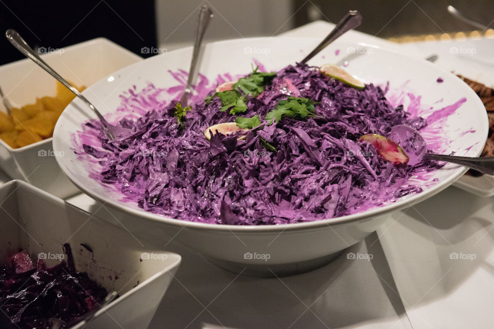 Red cabbage salad on a Christmas buffet. This is one of the dishes that are part of the traditional Swedish Christmas buffet.