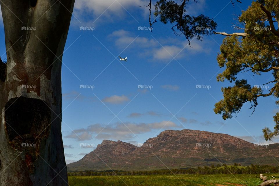 Small plane flying toward the Flinders Ranges at dusk in south Australia, 