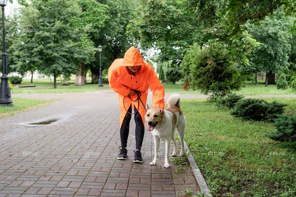 woman walking the dog in rainy day