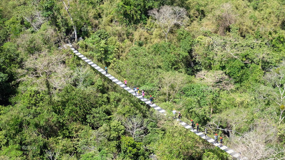 Hikers crossing the suspension bridge