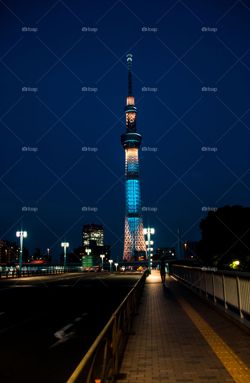 sky tree, light, street, night city, Japan