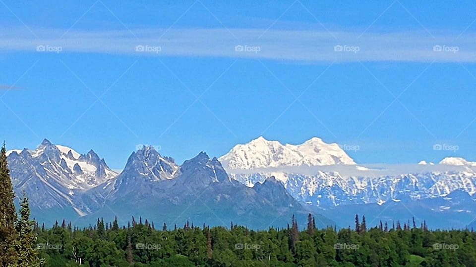 Spectacular Alaska Range on a perfect. sky blue summer day.