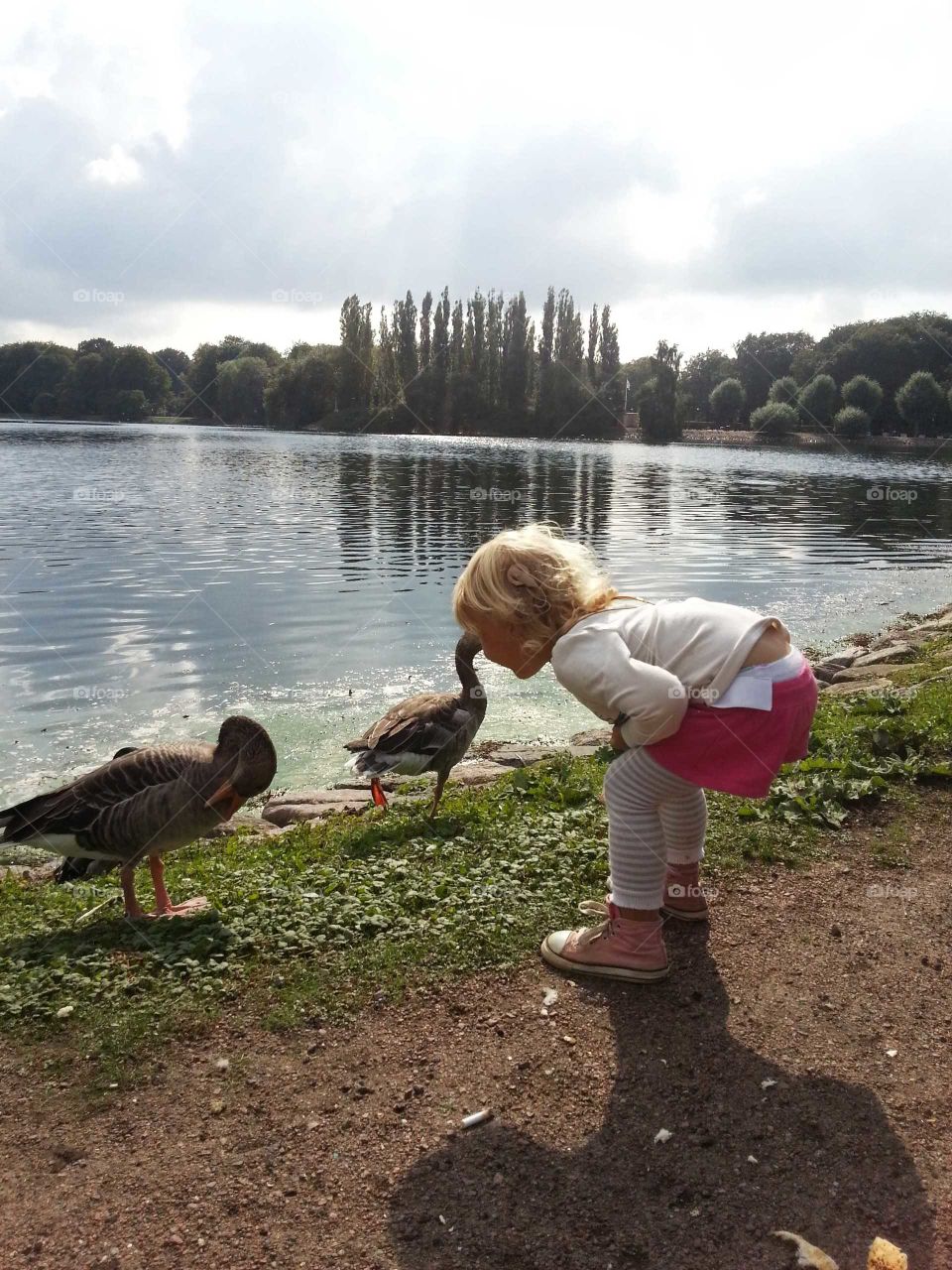 Girl talking to ducks