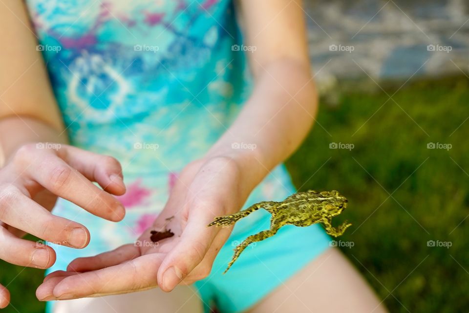 Frog jumps off child’s hand - action 