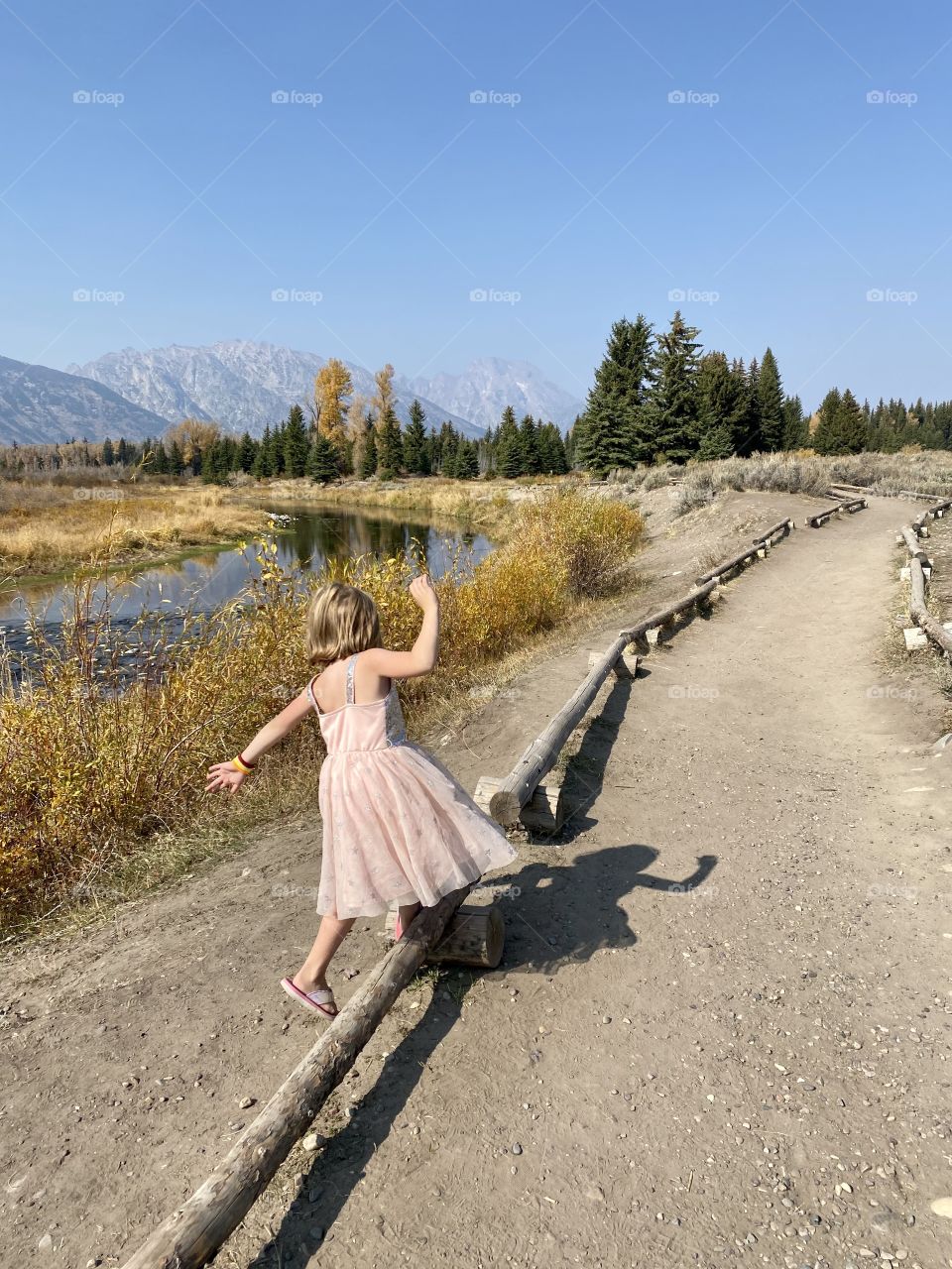 Magical Outdoors! Girl in Pink Exploring the Mountains While Balancing on Logs