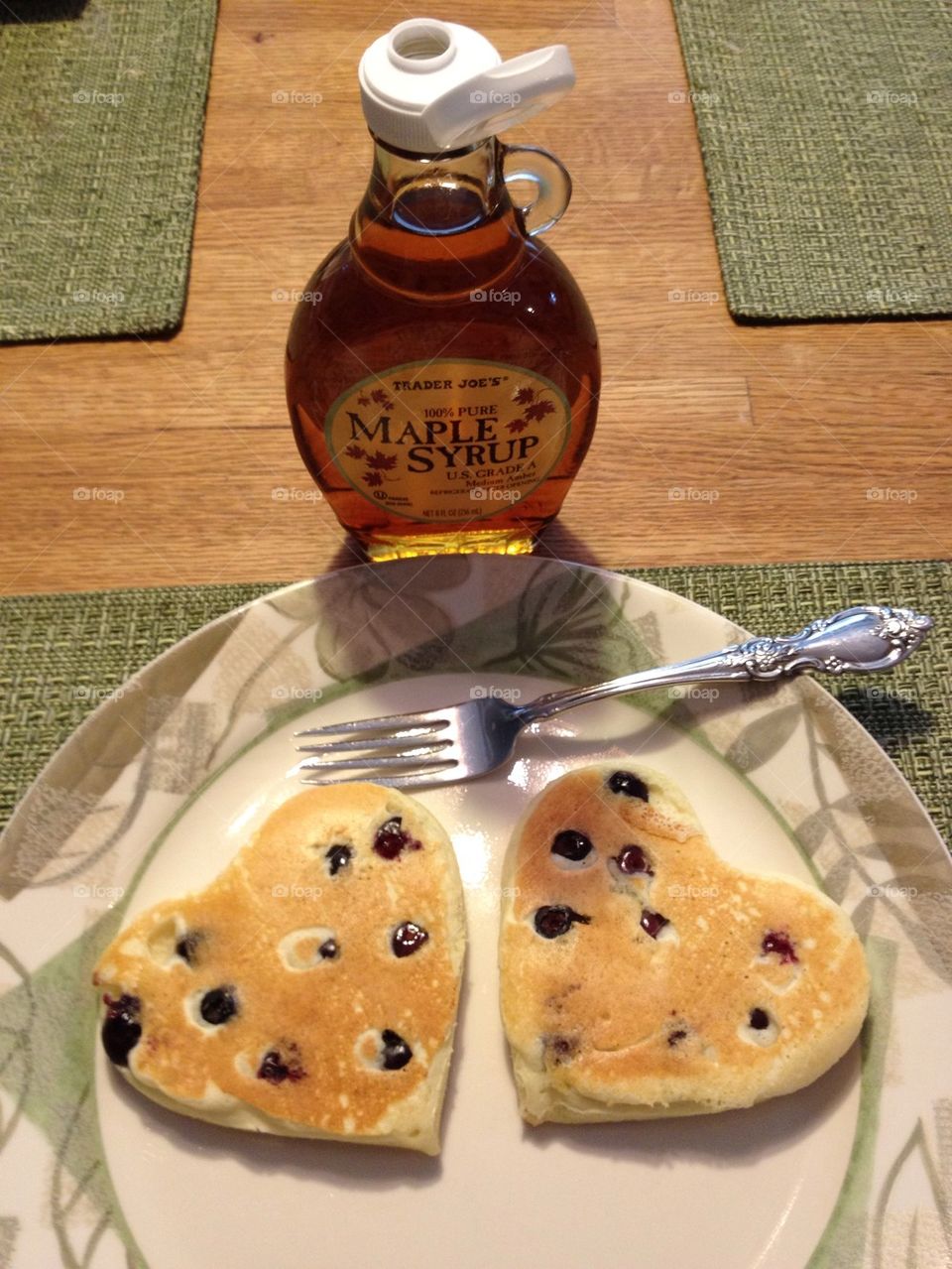 Heart shaped Pancakes and maple syrup